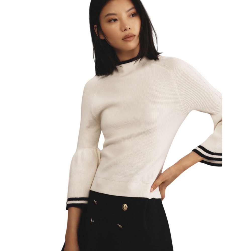 Maeve Modern Flute Sweater Bell Sleeve Size M Cream Black Mock Neck Good Ribbed